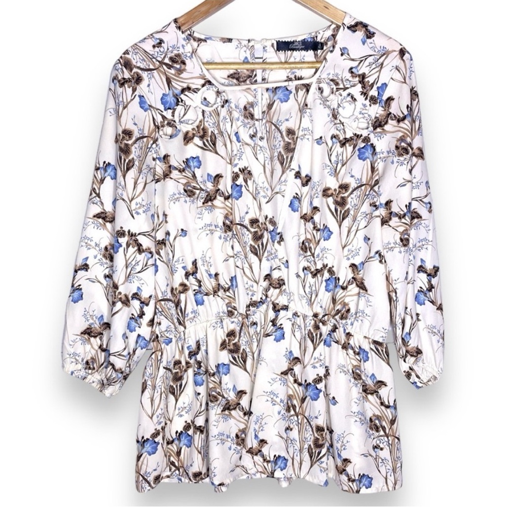 BKE Boutique Floral Boho Western Babydoll Flowy Neutral Color Blouse Cowgirl
